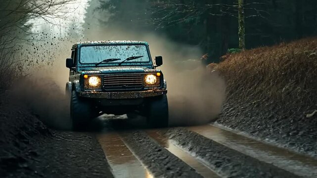 Off-Road Adventure: A rugged 4x4 vehicle powers through a muddy trail, kicking up a cloud of dust and demonstrating its incredible off-road capability.