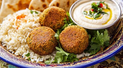 Image of rice and Mediterranean falafel with hummus and pita on a colorful plate, emphasizing crispy and savory qualities. Ideal for Mediterranean cuisine and healthy eating.
