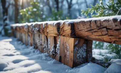 Frosty wooden beam against a frozen garden backdrop, natural beauty, serene scene