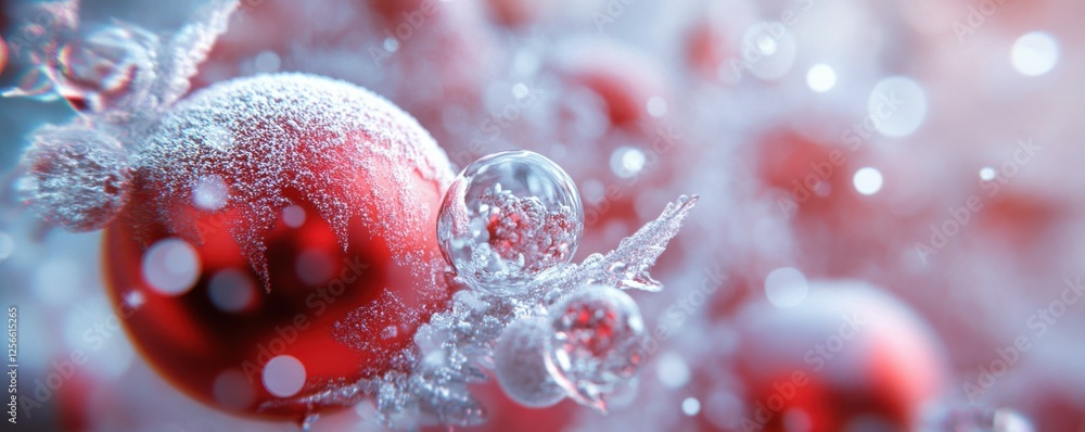 Poster frosty red bubbles in abstract winter scene with icy details and soft bokeh