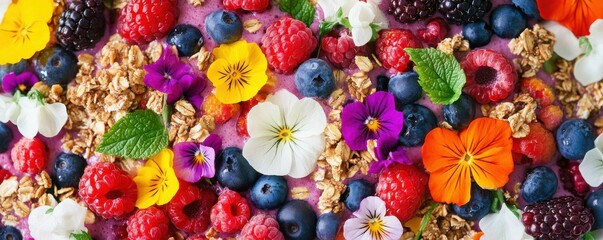 Fototapeta premium Vibrant mixed berry granola with edible flowers and fresh mint leaves