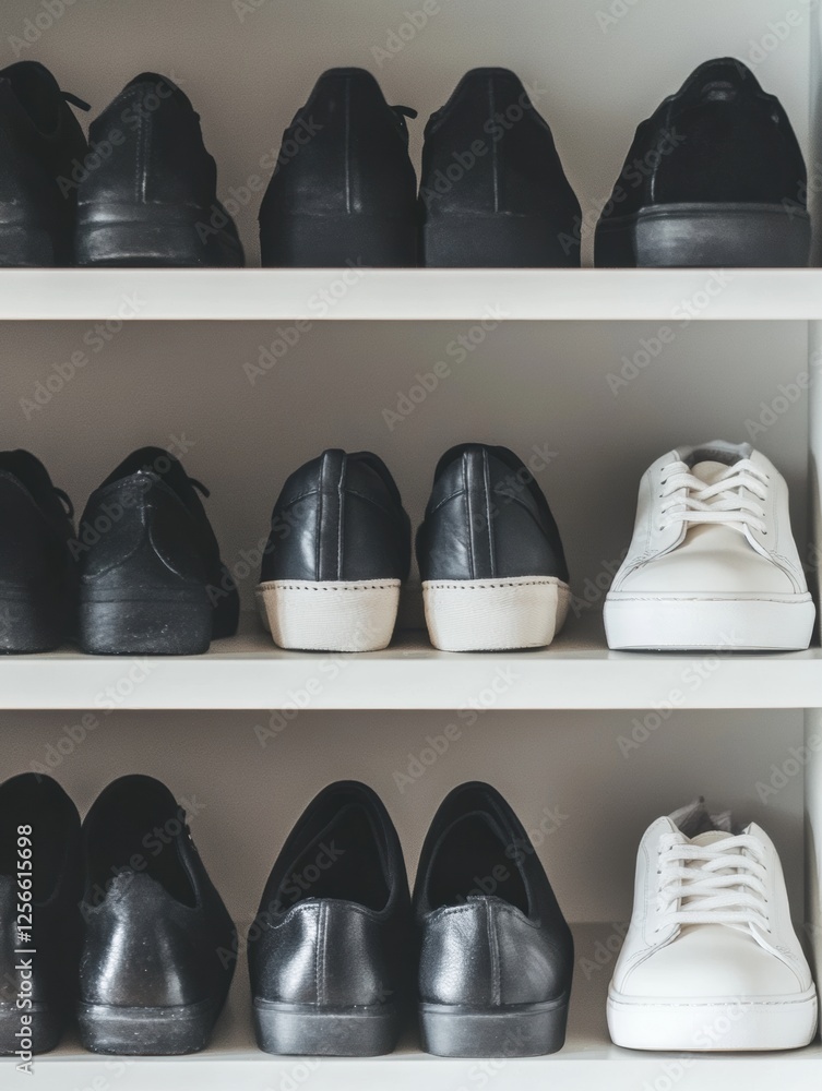 Poster minimalist shoe shelf design showcasing stylish sneakers in a modern home setting, featuring ample s