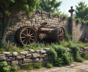 Obraz premium Rustic stone wall with overgrown vegetation and old machinery in the foreground, urban wilderness , grunge aesthetic, gritty texture