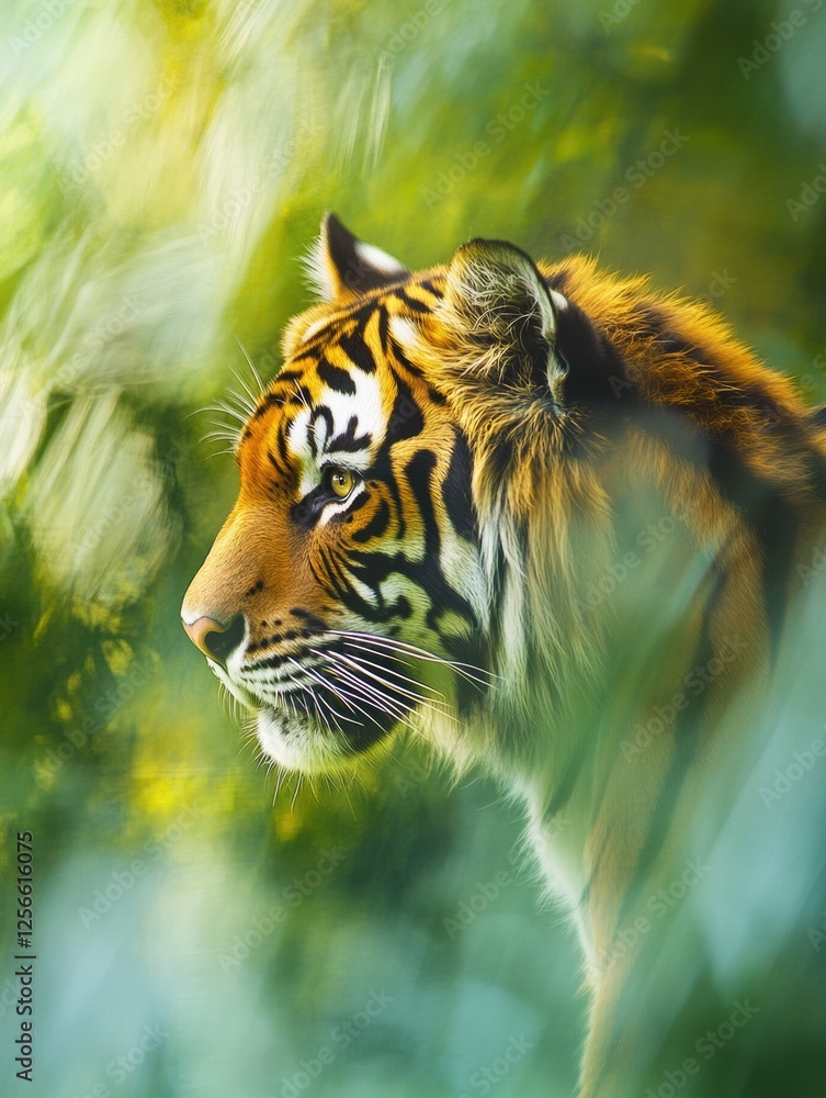 Leinwandbilder vibrant impressionist portrait of a tiger surrounded by jungle foliage with ample space for addition