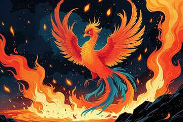 Magical Phoenix Rising from Fiery Embers in Epic Rebirth Artwork
