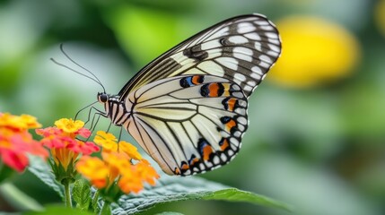 Naklejka premium Butterfly feeding on lantana flowers in garden