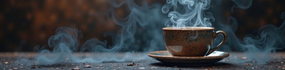 Fototapeta premium Smoke swirls around a steaming cup, aura, cloud, coffee