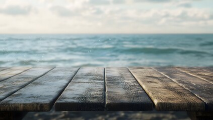 Fototapeta premium A Rustic Wooden Pier Extends Out Over a Vast and Serene Ocean Horizon on a Tranquil Day