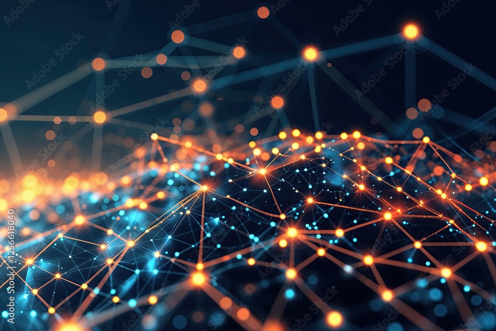 Poster exploring digital connectivity through abstract data visualization with lines and dots