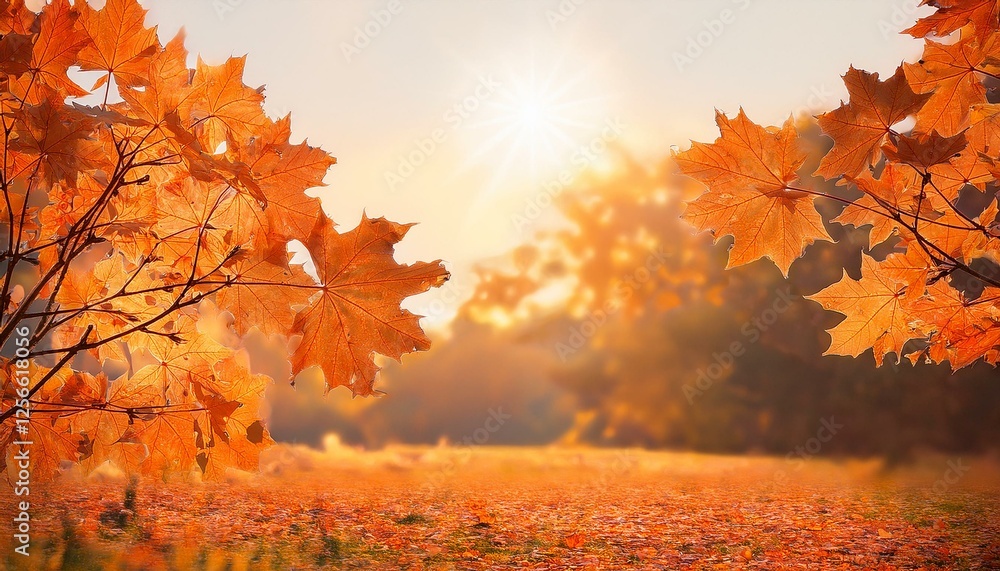 Wall mural orange fall leaves autumn natural background with maple trees autumnal landscape