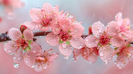 Obraz premium Delicate pink cherry blossoms adorned with raindrops, showcasing spring beauty in a serene garden