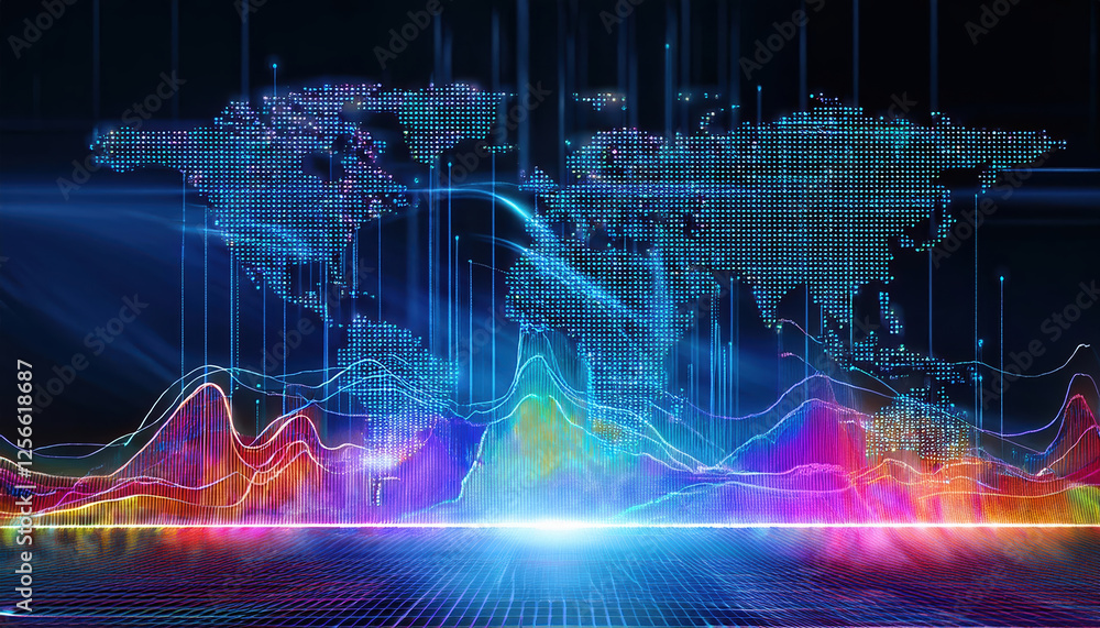 Poster dynamic glowing world map with predictive models and trend lines