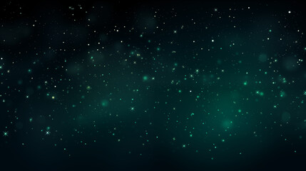 Particules scintillantes et brillantes volant sur fond sombre, noir. Lumière verte, paillettes dorées, argentées et flou. Fond pour bannière, création graphique