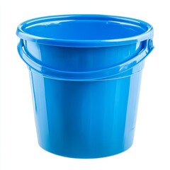 Close-up view of a blue plastic gallon bucket, detailed texture on its surface and a neatly curved handle, isolated on a pure white studio background