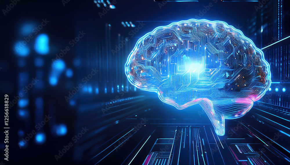 Aufkleber glowing brain with circuitry in futuristic tech environment, symbolizing ai