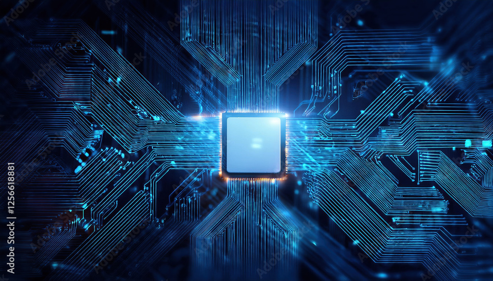 Poster glowing processor surrounded by dynamic circuits and neural connections, showcasing advanced technol