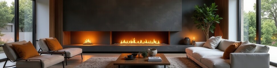 Sleek fireplace, modern furniture, cozy living room , coffee table, space, upscale