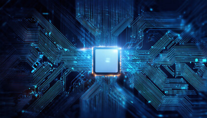 glowing processor surrounded by dynamic circuits and neural connections, showcasing advanced technology and innovation
