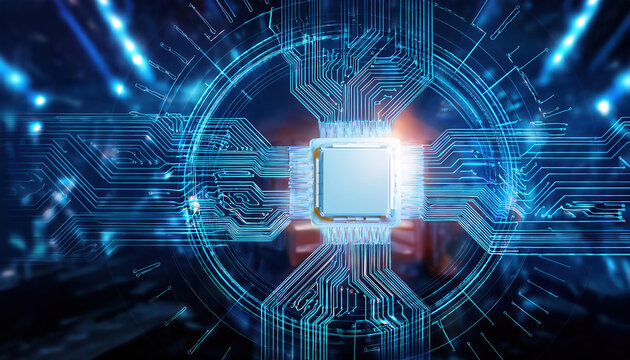glowing AI processor surrounded by dynamic neural connections and algorithms