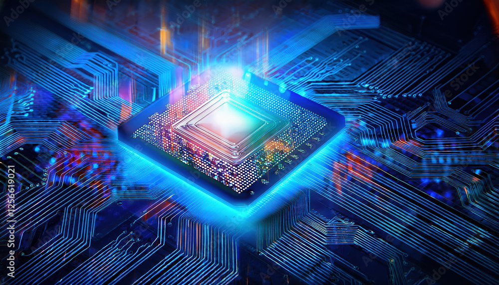 Poster glowing ai processor surrounded by vibrant holographic circuits and neural networks, showcasing adva