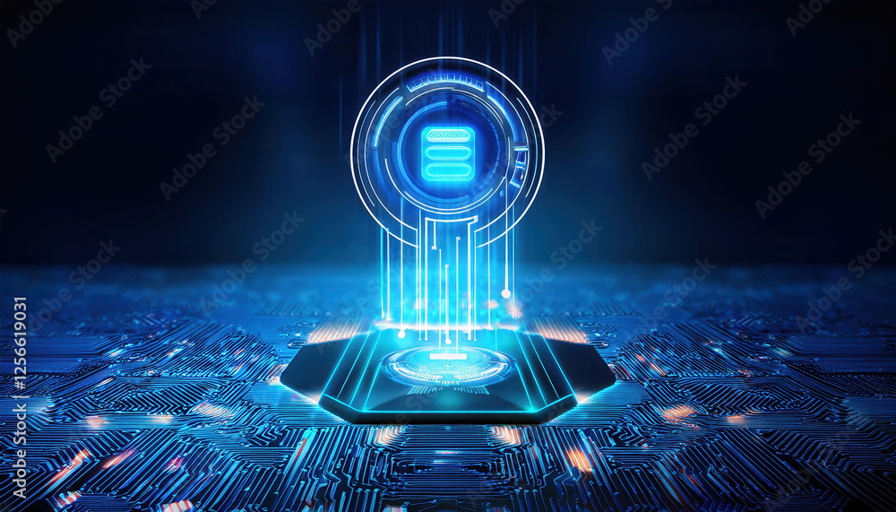 Poster glowing ai system symbolizing self learning and adaptation in futuristic environment