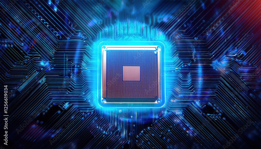 Poster glowing ai processor surrounded by vibrant holographic circuits and neural networks, showcasing adva