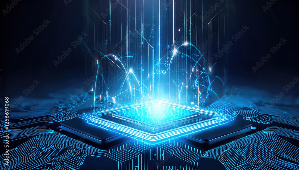 Poster glowing microchip with dynamic light patterns representing advanced technology and self learning sys