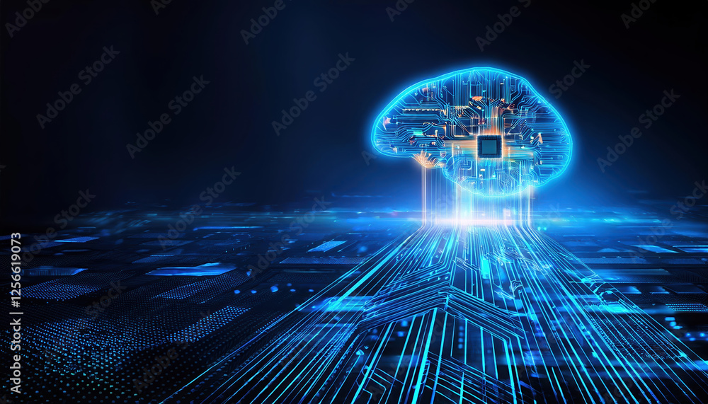 Poster glowing brain with circuits representing ai technology and innovation