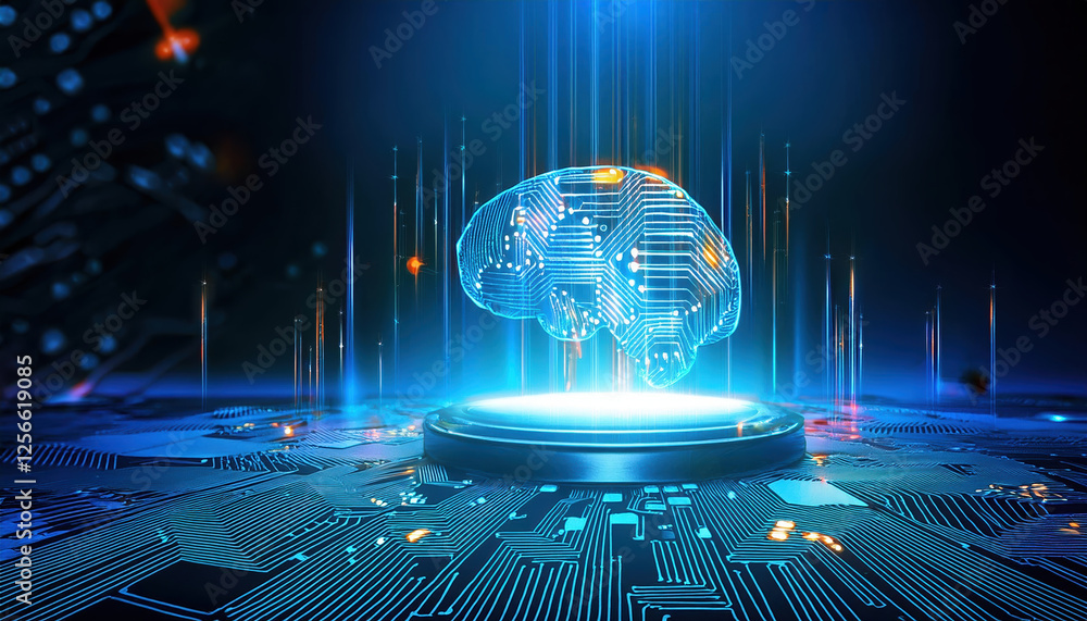 Poster glowing brain symbolizing artificial intelligence and self learning technology