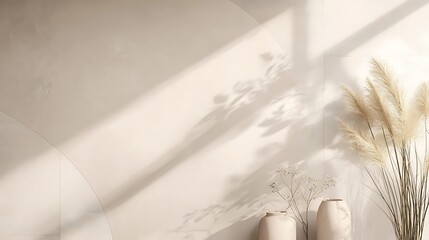 Minimalist beige interior design with vases and pampas grass