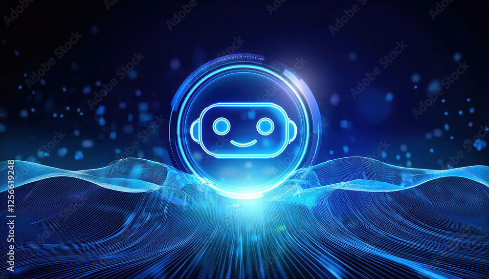 Poster glowing chatbot icon in futuristic digital environment with dynamic waveforms