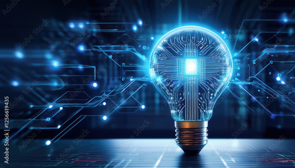 Poster glowing lightbulb with ai circuits and neural connections, symbolizing innovation and technology