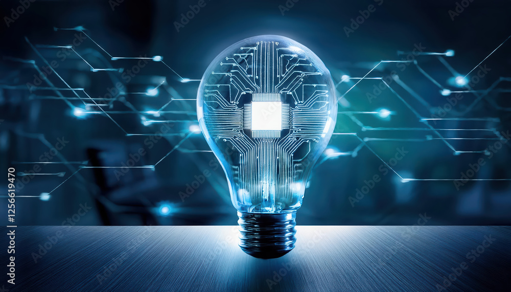 Poster glowing lightbulb with ai circuits and neural connections, symbolizing innovation and technology