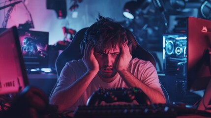 Frustrated online gamer with server issues. Featuring a screen showing disconnection alerts