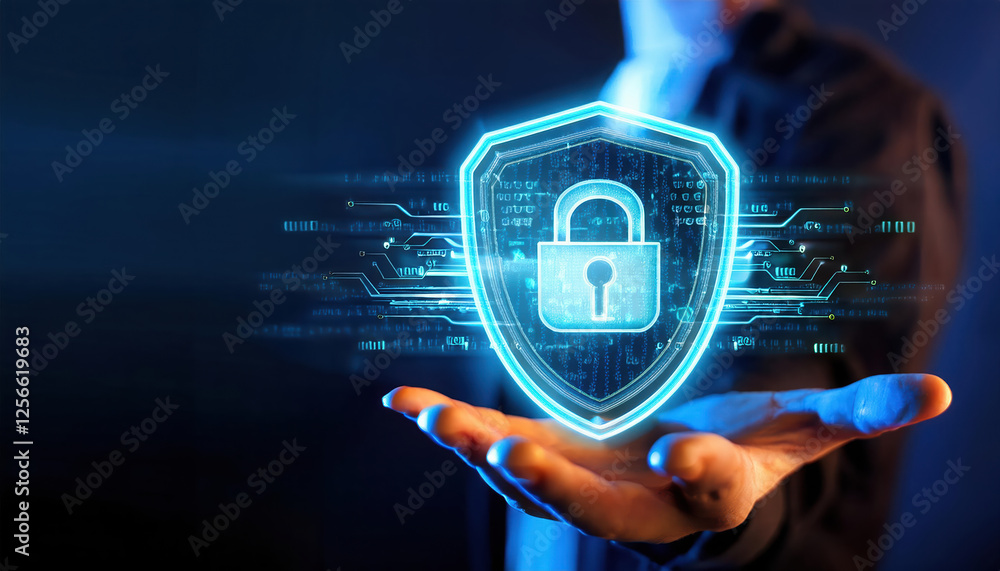 Poster glowing shield with digital locks and ai codes in secure cyber environment