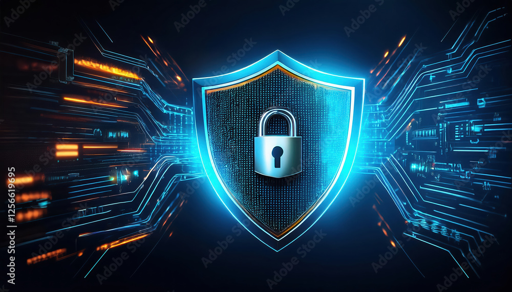 Poster glowing shield with padlock in secure cyber environment, representing digital protection and advance