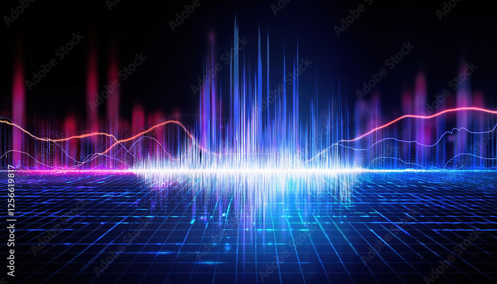 Poster glowing waveform analyzing voice data in futuristic digital environment