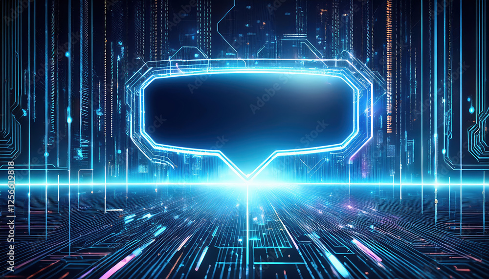 Poster glowing speech bubble in futuristic digital environment with dynamic text effects