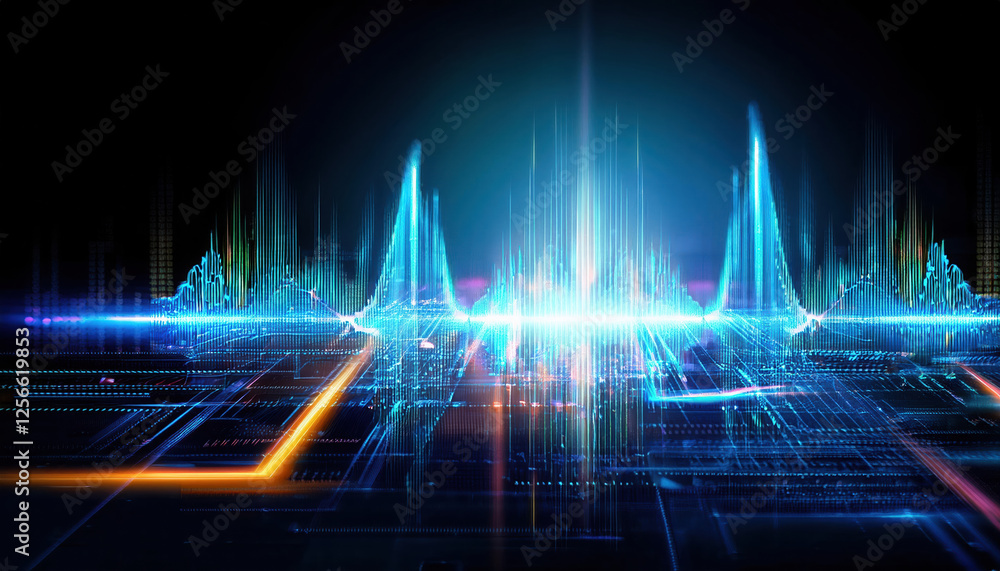 Aufkleber glowing waveform analyzing voice data in futuristic digital environment