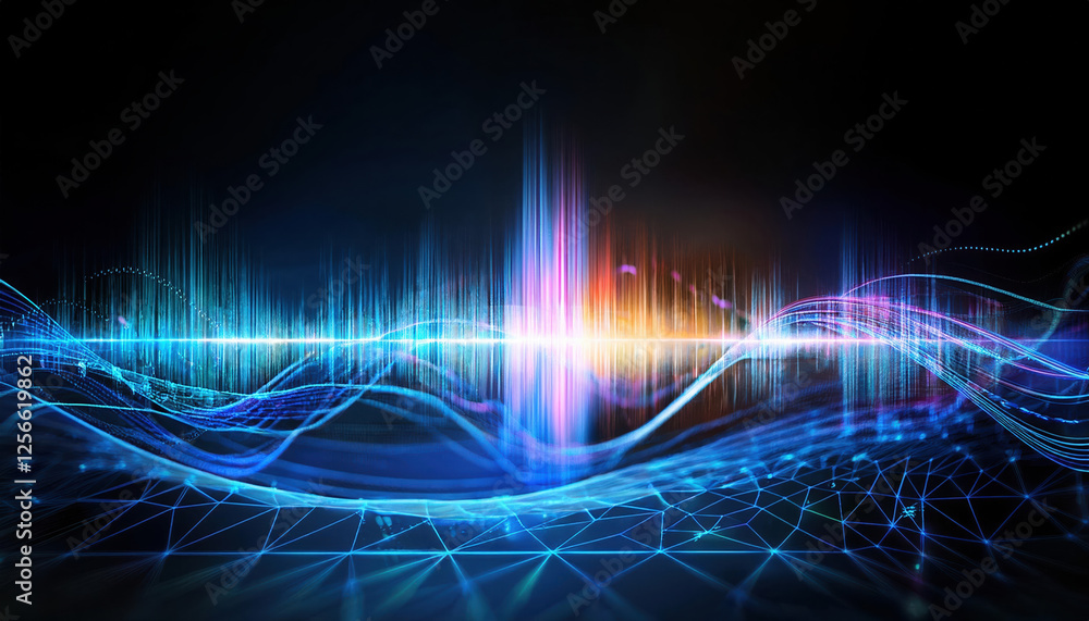 Aufkleber glowing waveform analyzing voice data in futuristic digital environment