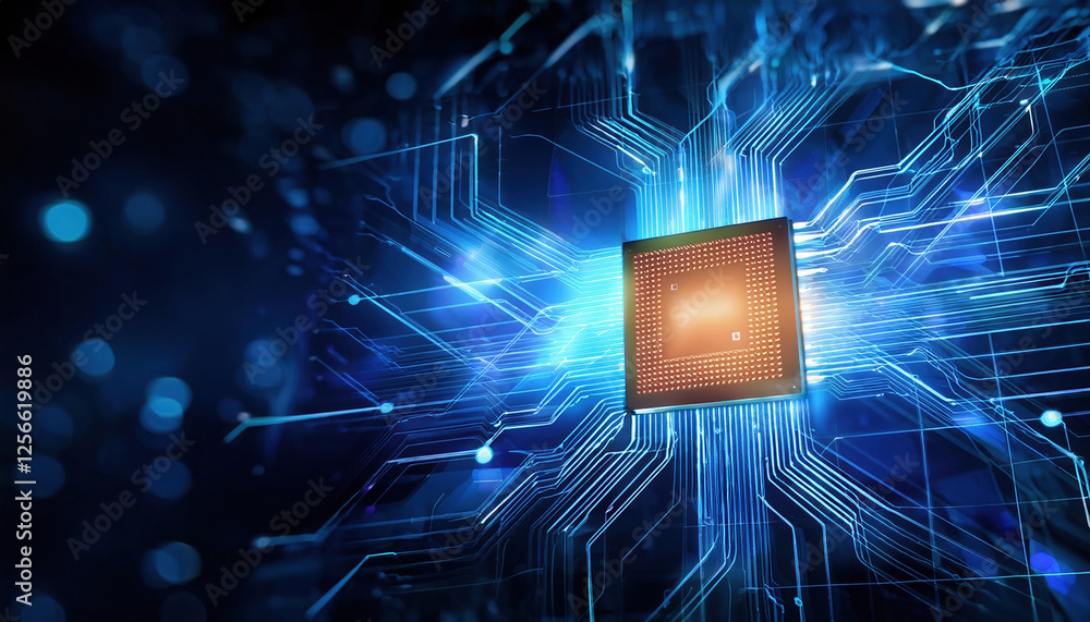 Poster glowing high tech processor surrounded by neural networks in modern lab