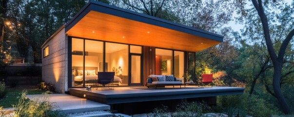 Modern glass-walled cabin at dusk amidst lush forest setting