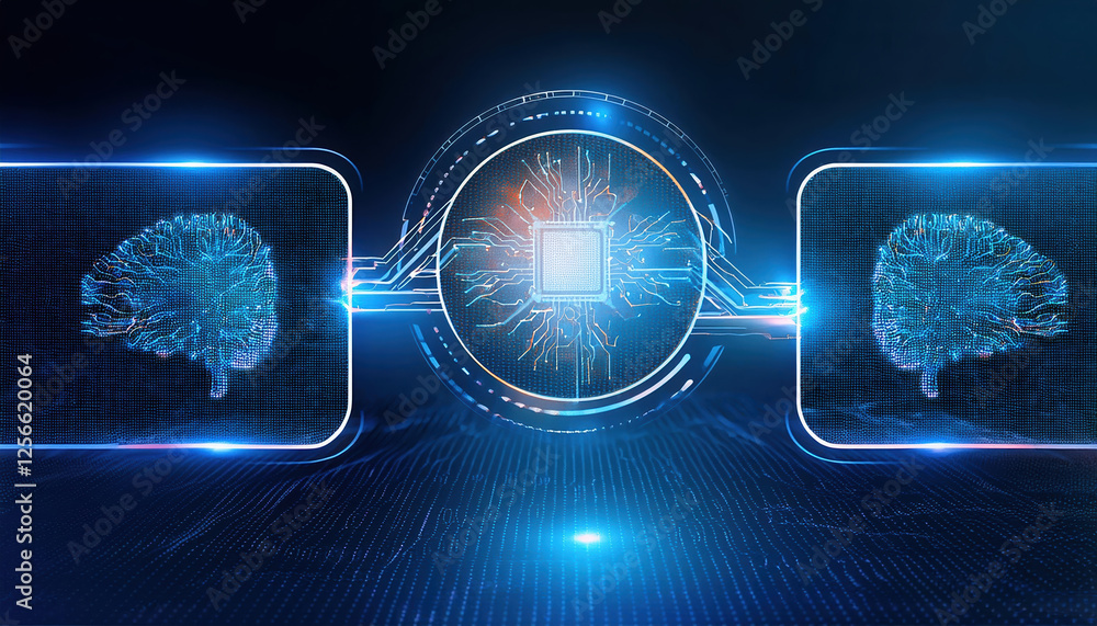 Poster futuristic ai interface with neural pathways and glowing circuits