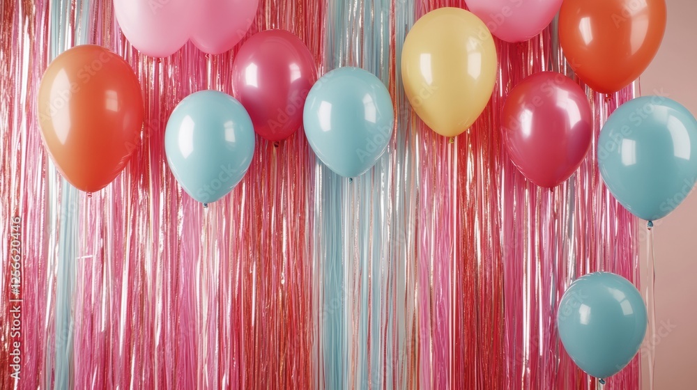Poster festive party backdrop with colorful balloons and shimmering tinsel for a cheerful celebration atmos