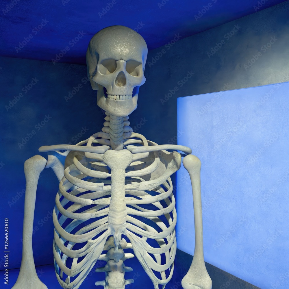 Wall mural skeleton model in standard scale displayed in a blue room. generative ai