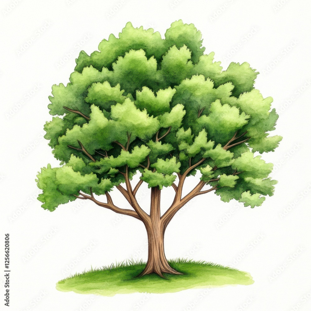Poster lush green tree with broad canopy and strong trunk set on simple grass background for nature illustr