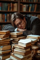 Exhausted Young Man Sleeping on a Stack of Books in the Library, Overwhelmed by Studying