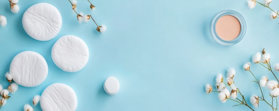 Cotton pads and makeup compact on blue background with cotton flowers