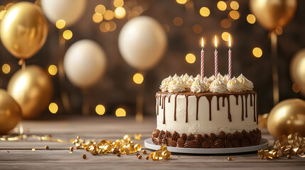 beautifully crafted birthday cake with chocolate icing, topped with candles, surrounded by golden balloons and festive decorations, creating joyful celebration atmosphere