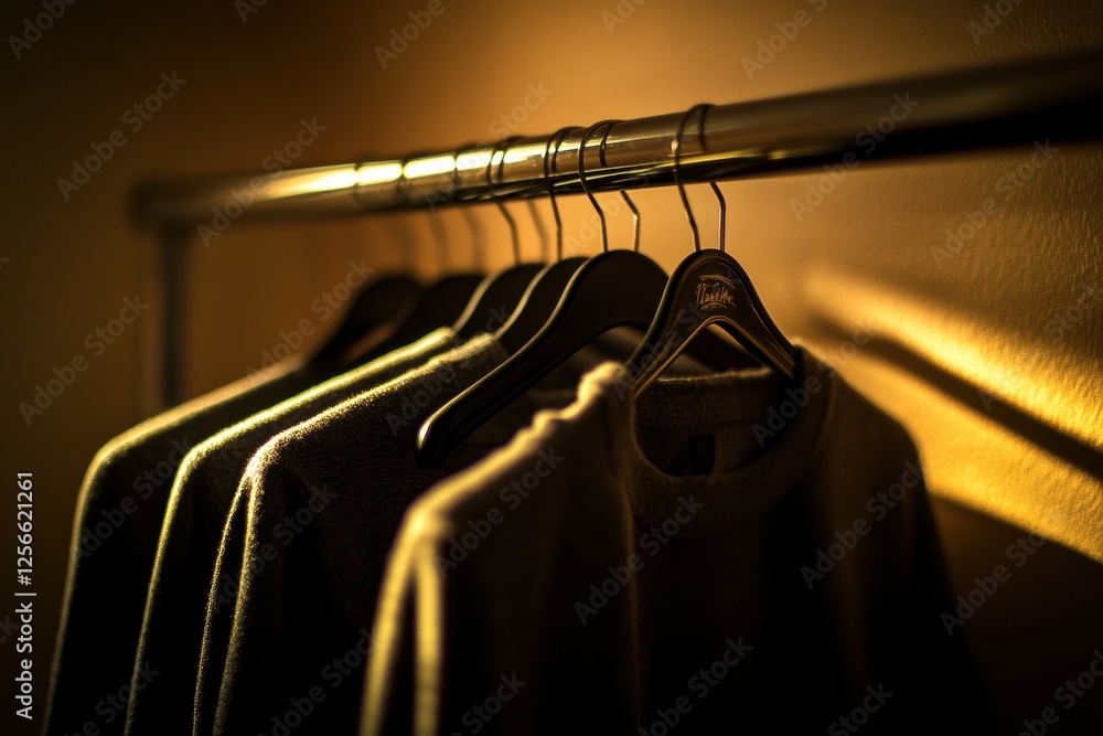 Poster Minimalist clothing rack displaying neatly arranged garments in soft golden light. Generative AI